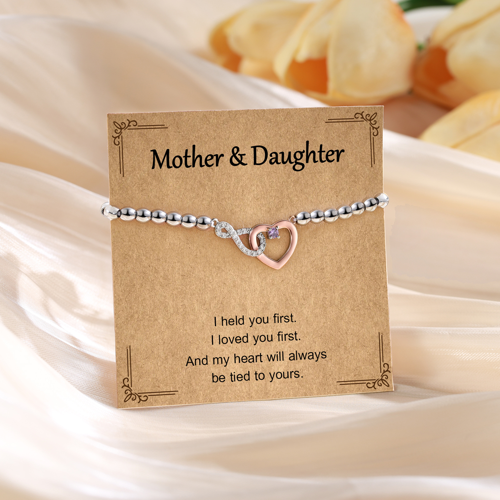 Personalized Mother Daughter Infinity Heart Birthstone Bracelet with Gift Card