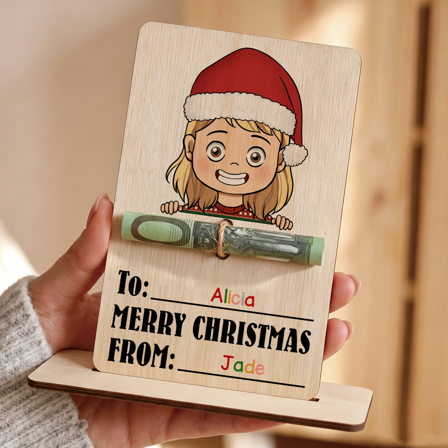 Personalized Wooden Christmas Money Holder with 2 Names Cash Gift Card for Child