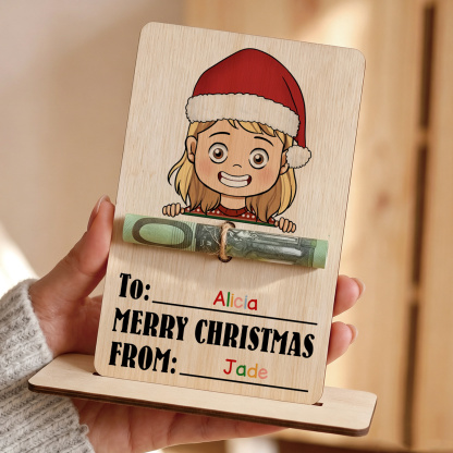 Personalized Wooden Christmas Money Holder with 2 Names Cash Gift Card for Child