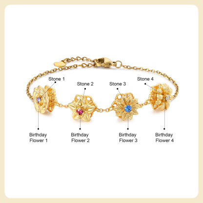 Personalised Women's Bracelet with 2-4 Birthstones and Birth Flowers, Rotating Bracelet for Women | Jessemade
