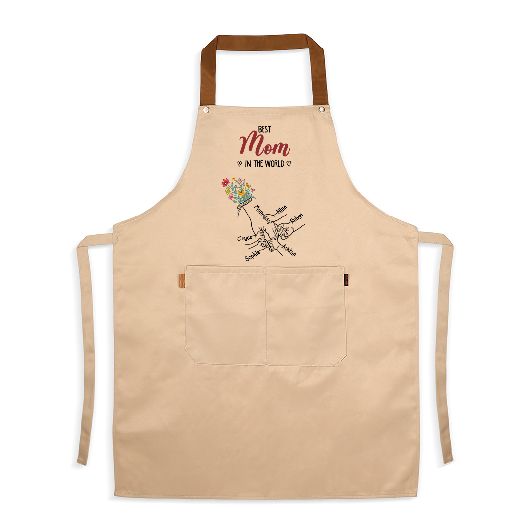 Personalized Floral Kitchen Apron Holding Hands Custom with 2–7 Names Gift for Mom or Grandma