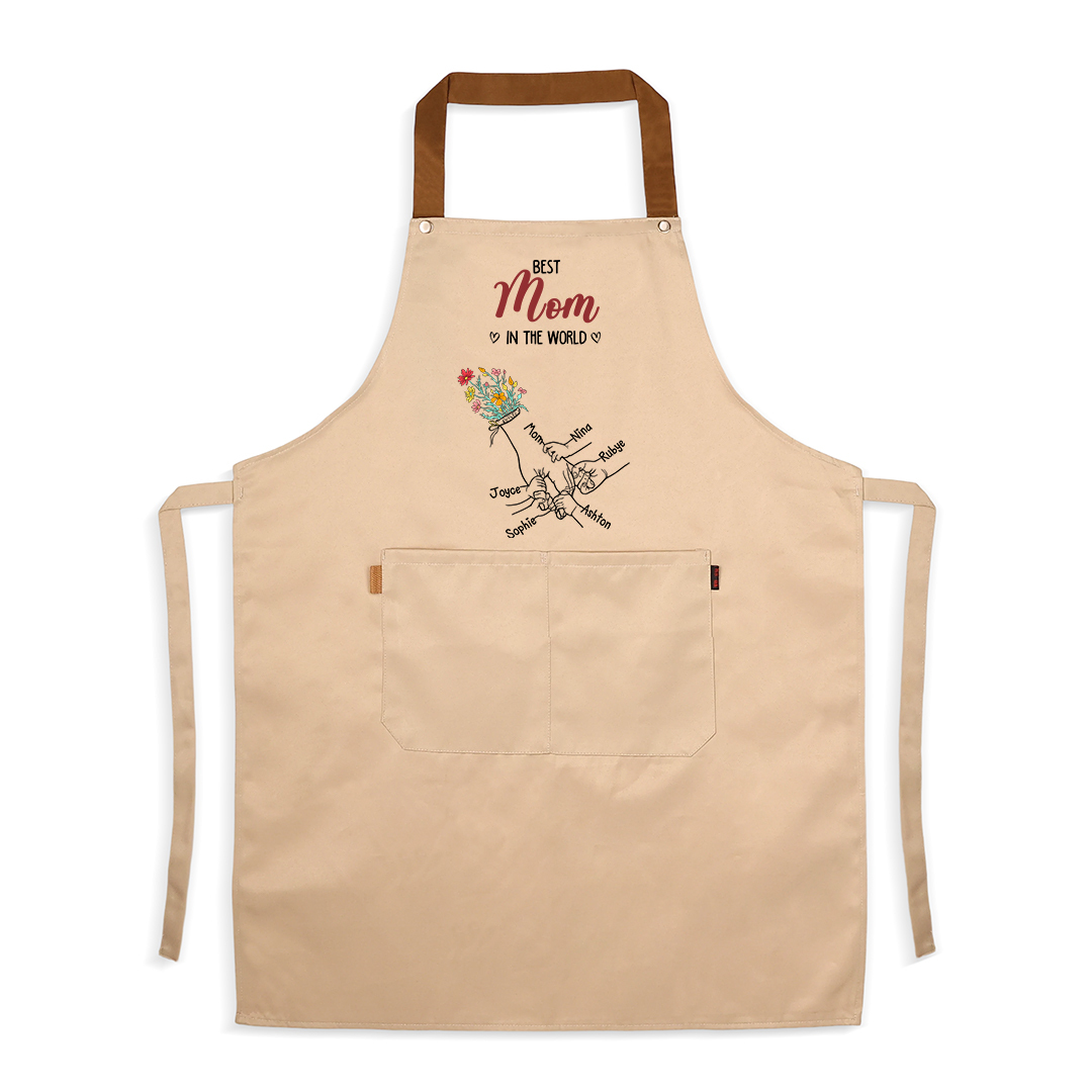 Personalized Floral Kitchen Apron Holding Hands Custom with 2–7 Names Gift for Mom or Grandma