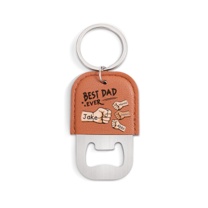 Personalized Leather Keychain With Bottle Opener For Dad Custom With 2–7 Names And Fist Bumps