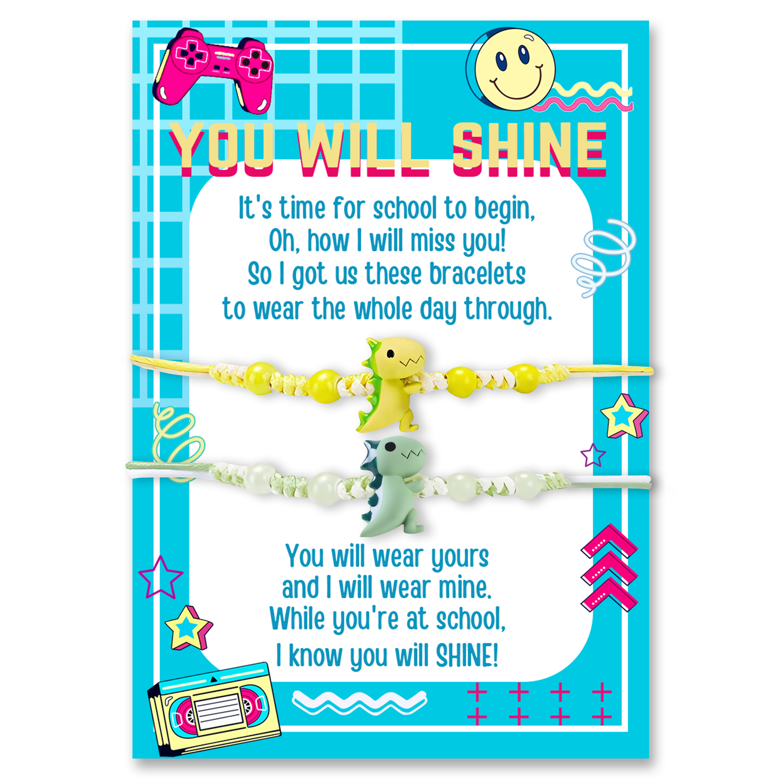 2 Pcs Dinosaur Bracelet Set with Gift Card "You Will Shine" Adjustable Bracelet Back to School Gifts for Kids