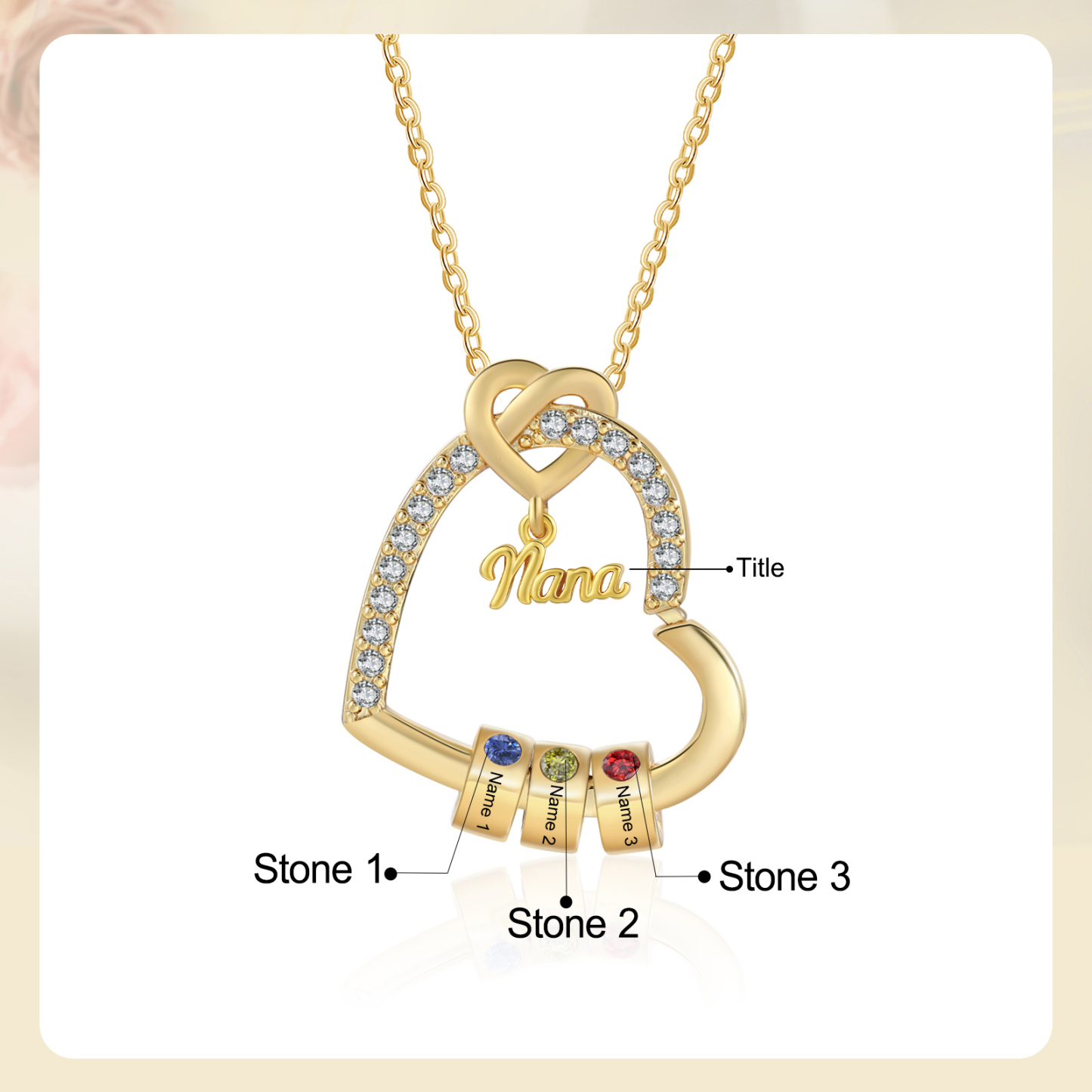 Personalized Heart Nana Necklace Custom 1-5 Names and 1-5 Birthstones Gift for Grandma | Jessemade