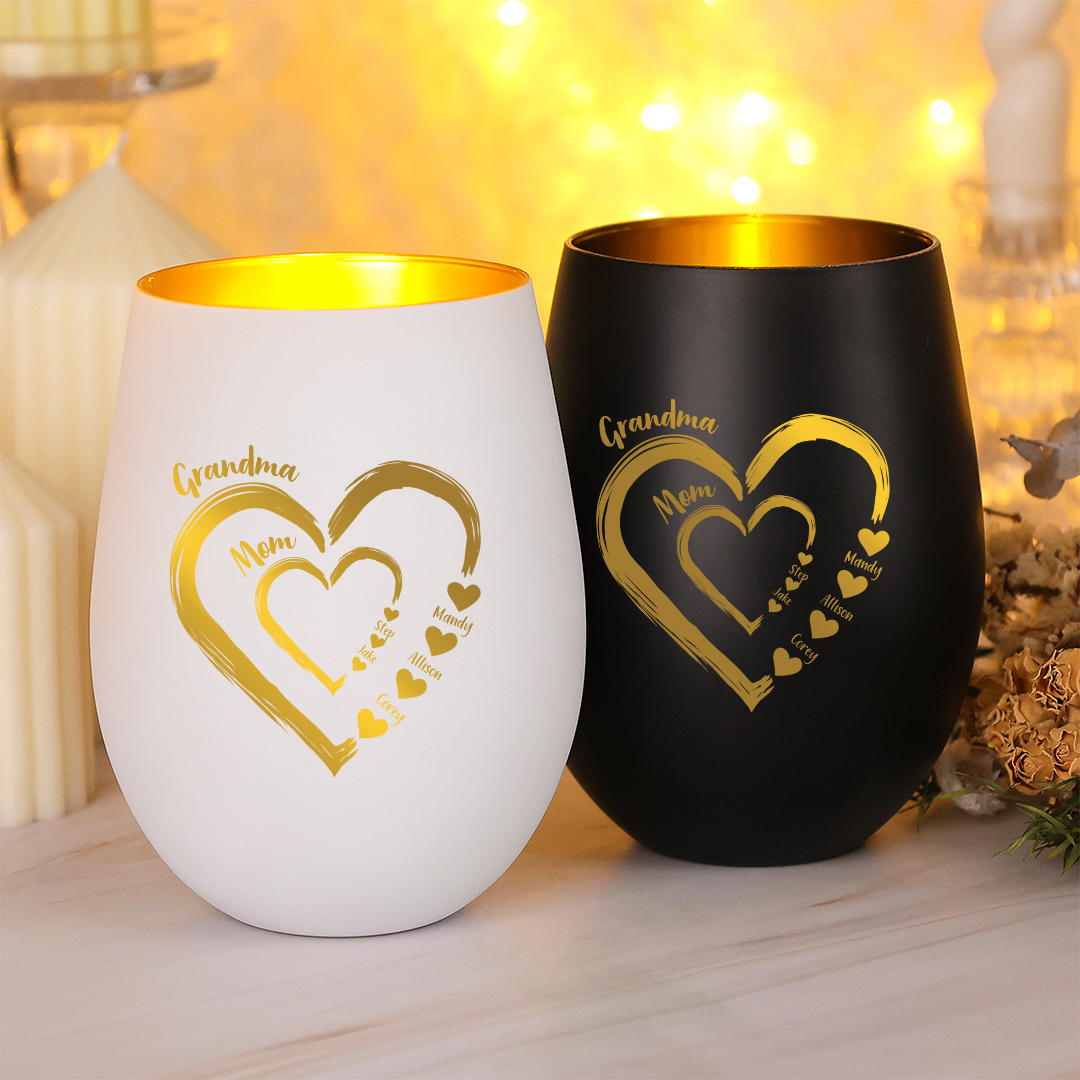 Personalized Glass Candle Holder Heart Print Custom With 2–18 Names Family Gift For Grandma Or Mom
