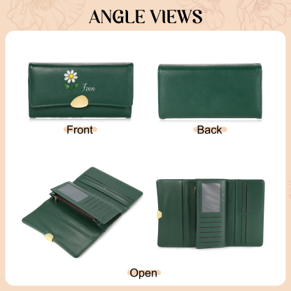 Personalized Long Women Leather Wallet Custom with Birth Flower and Name