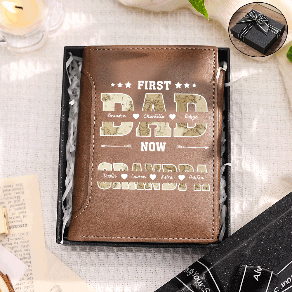 Personalized Leather Wallet With Map Design For Dad And Grandpa Customizable With 2–10 Names