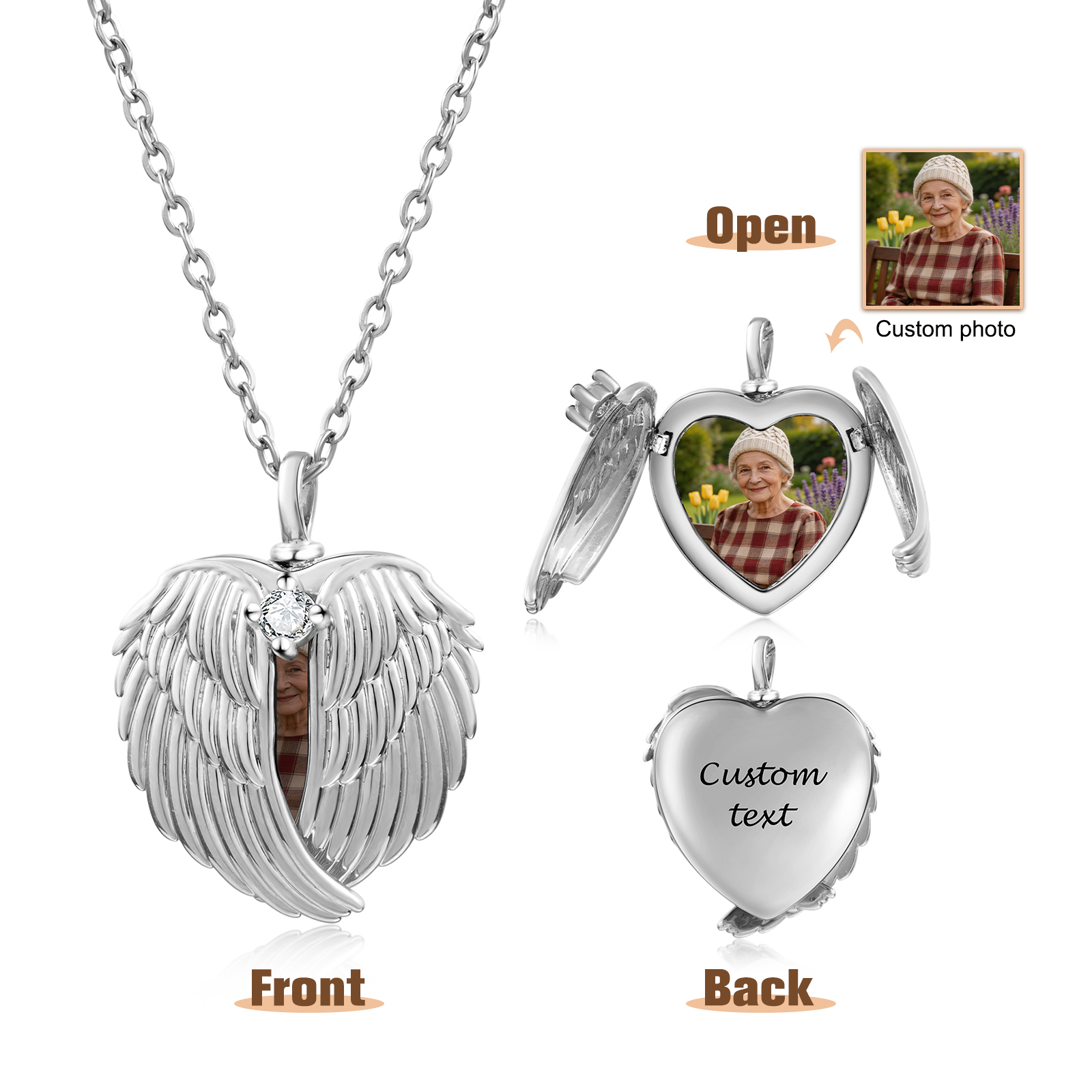 Personalized Angel Wing Heart Photo Urn Necklace Custom with Name