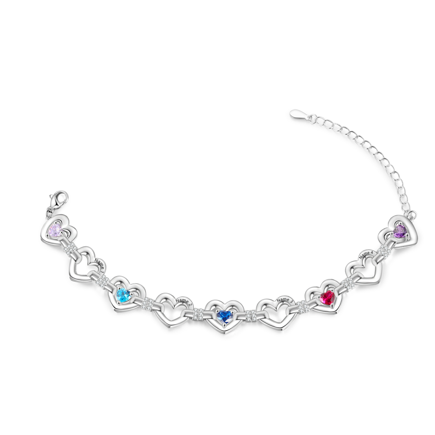 Personalized Linked Hearts Birthstone Bracelet with 1–4 Engraved Names