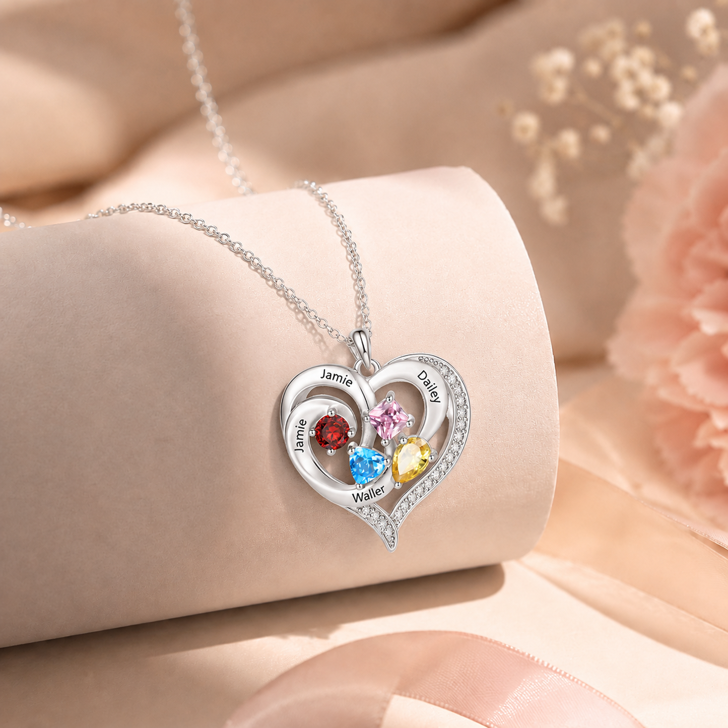Personalized Double Heart Birthstone Necklace Customized with 1-5 Names