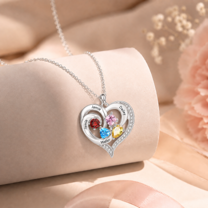 Personalized Double Heart Birthstone Necklace Customized with 1-5 Names