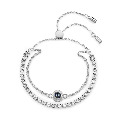 Personalized Photo Projection Bracelet with Double Rhinestone Row Adjustable Women’s Bracelet