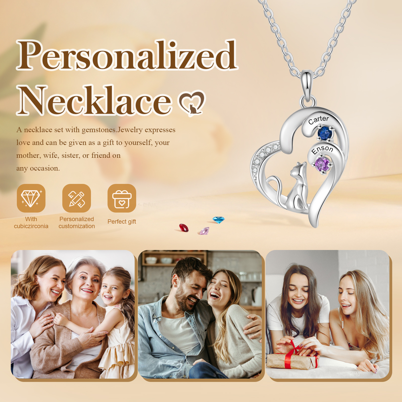 Personalized Cat Heart Necklace with 2–5 Birthstones and Names