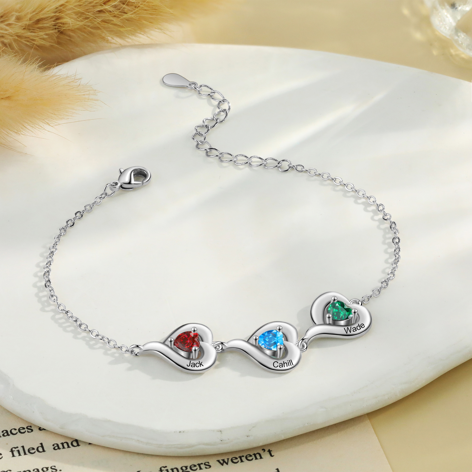 Personalized 1-5 Names Adjustable Heart Birthstone Bracelet | Jessemade