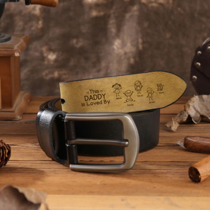 Personalized Leather Men Leather Belt For Dad Grandpa Customized With 1–10 Names And Child Figures