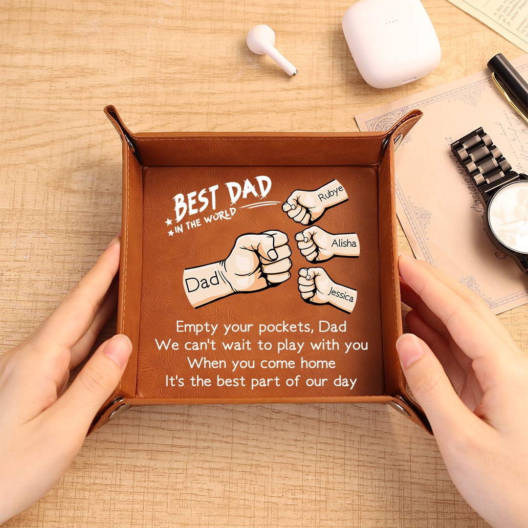 Personalized Leather Tray Best Dad Ever Custom With 1–6 Names And Fist Bump Design
