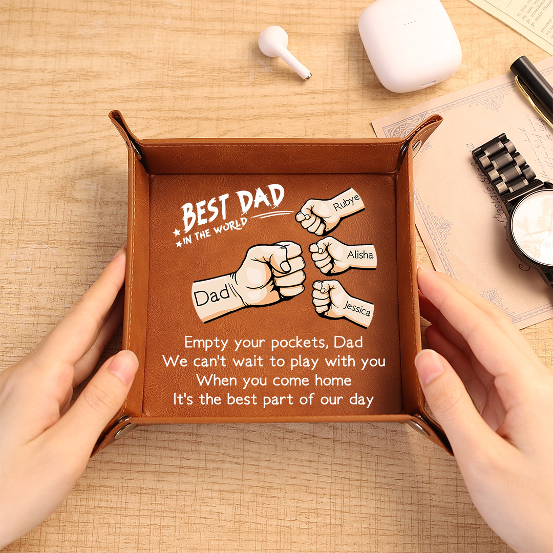 Personalized Leather Tray Best Dad Ever Custom With 1–6 Names And Fist Bump Design