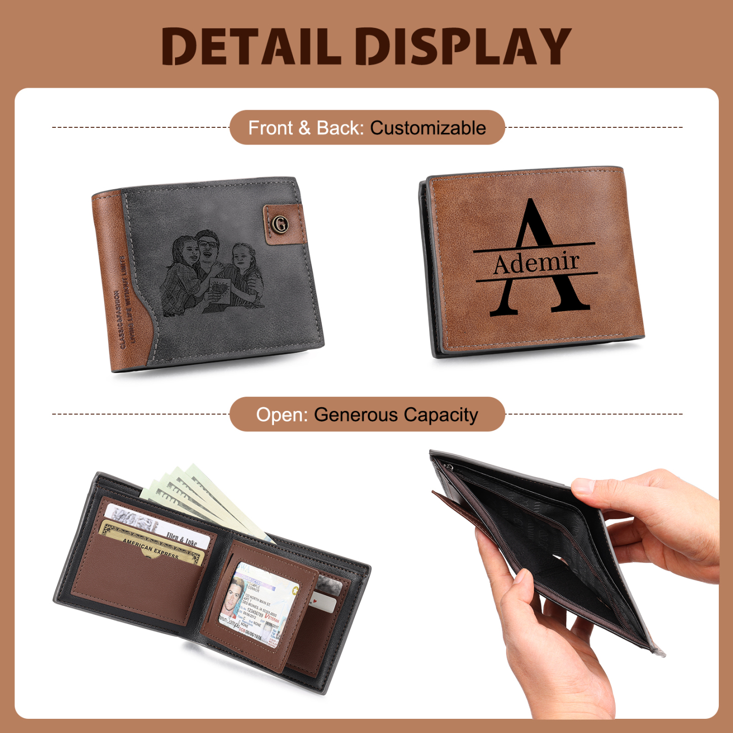 Personalized Men’s Leather Bifold Wallet with Engraved photo Custom Initials and Name