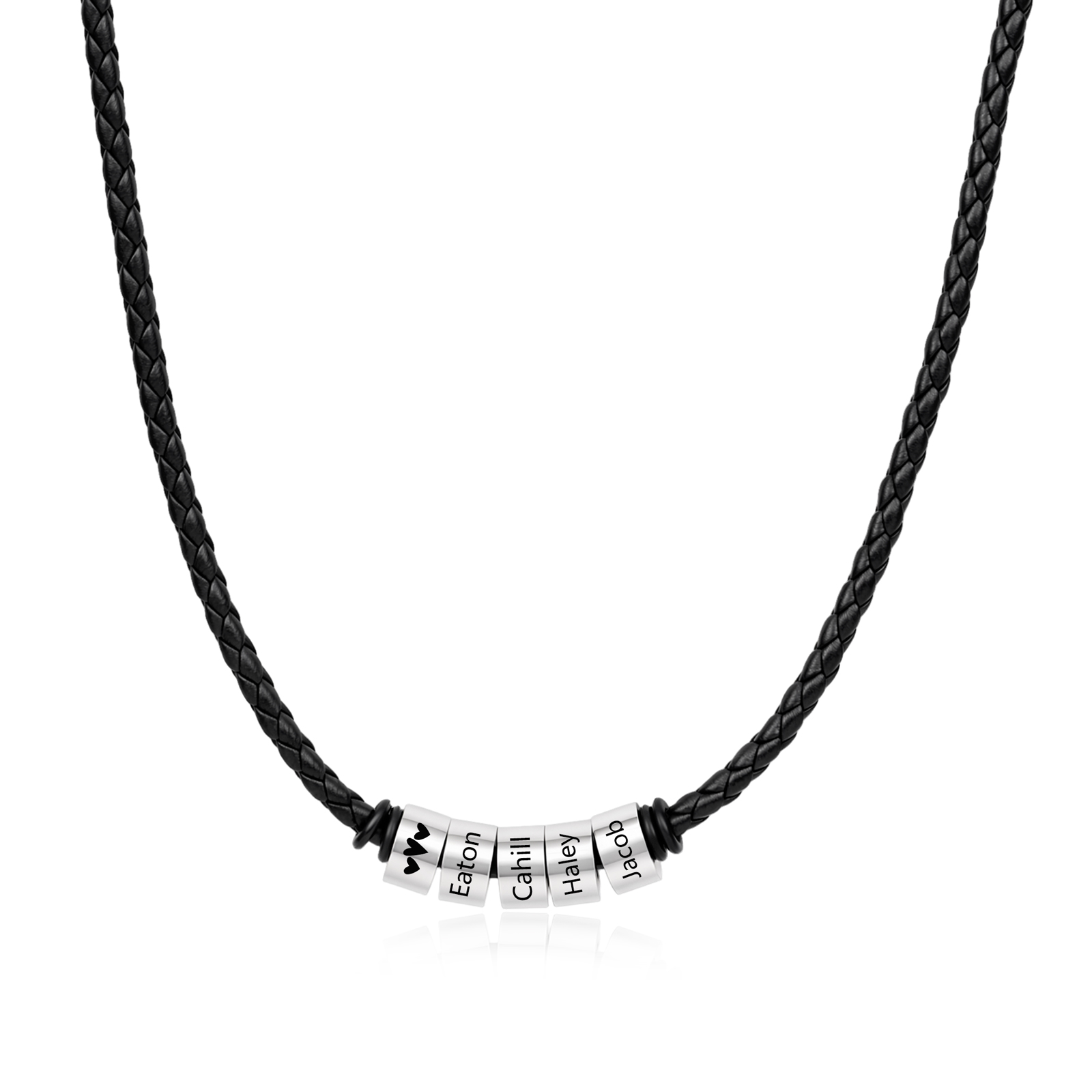 Personalized Braided Leather Necklace for Men Customized with 1–6 Names Beads