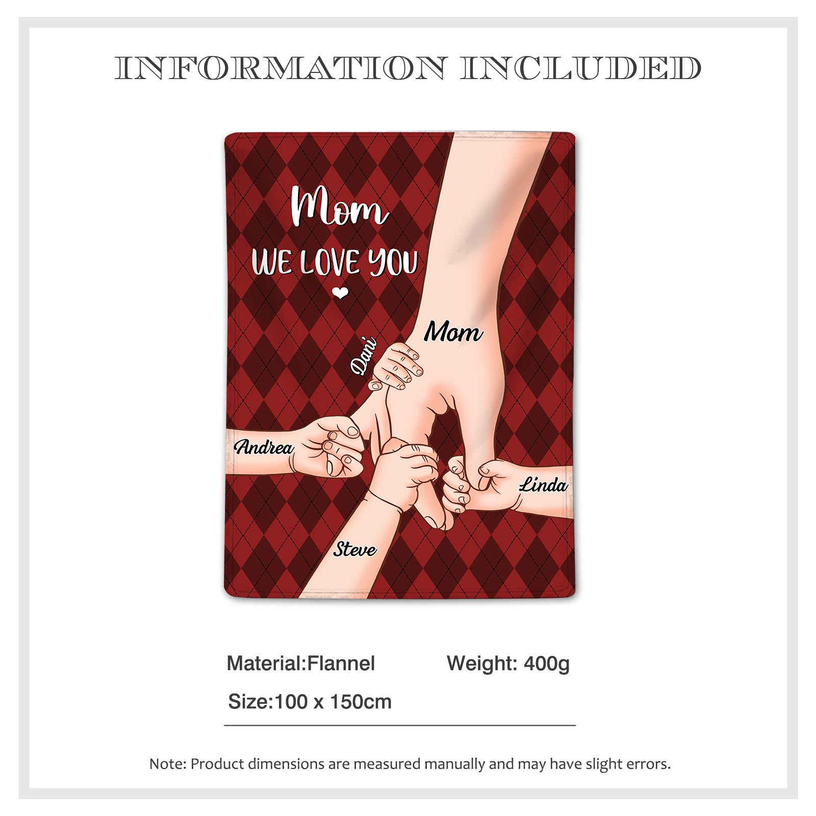 Personalised Flannel Blanket with Custom 5 Names Christmas Gift for Mum | Jessmade