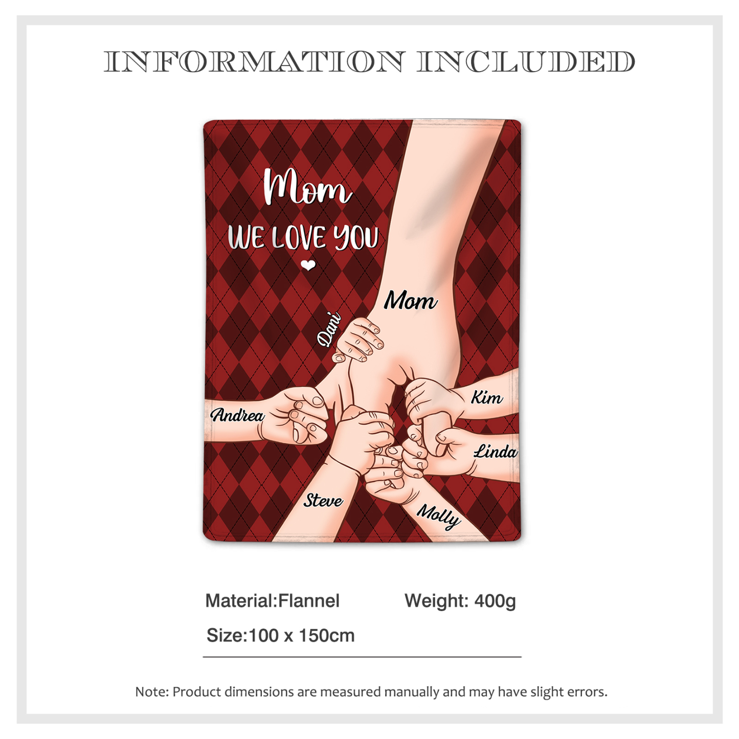 Personalised Flannel Blanket with Custom 7 Names Christmas Gift for Mum | Jessmade