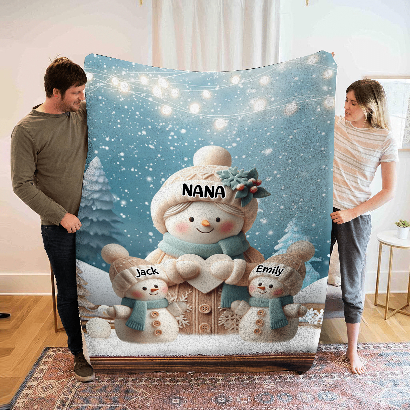 Personalised Snowman Family Blanket with Custom 3 Names – Cozy Christmas Gift for Nan | Jessmade