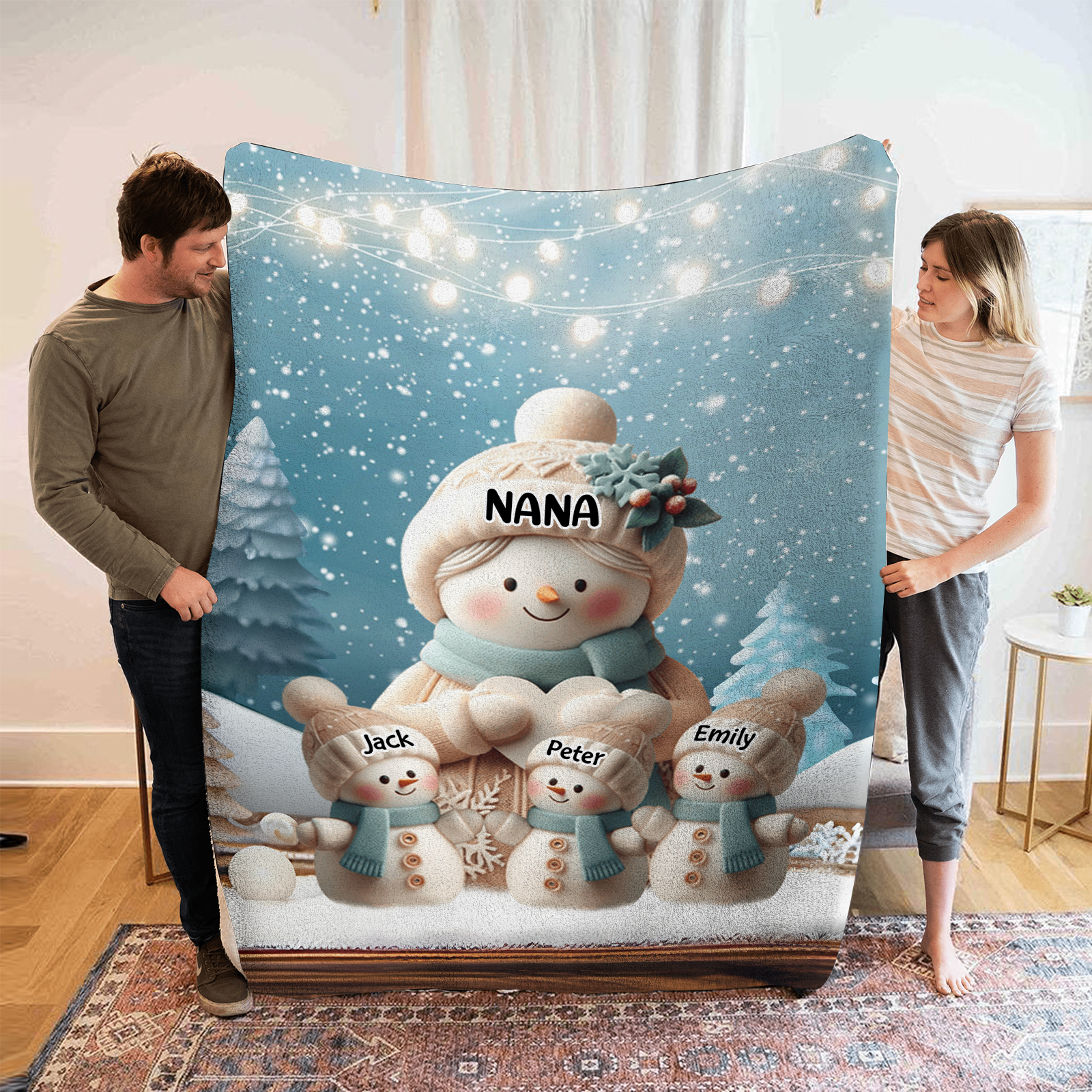 Personalised Snowman Family Blanket with Custom 4 Names – Cozy Christmas Gift for Nan | Jessmade