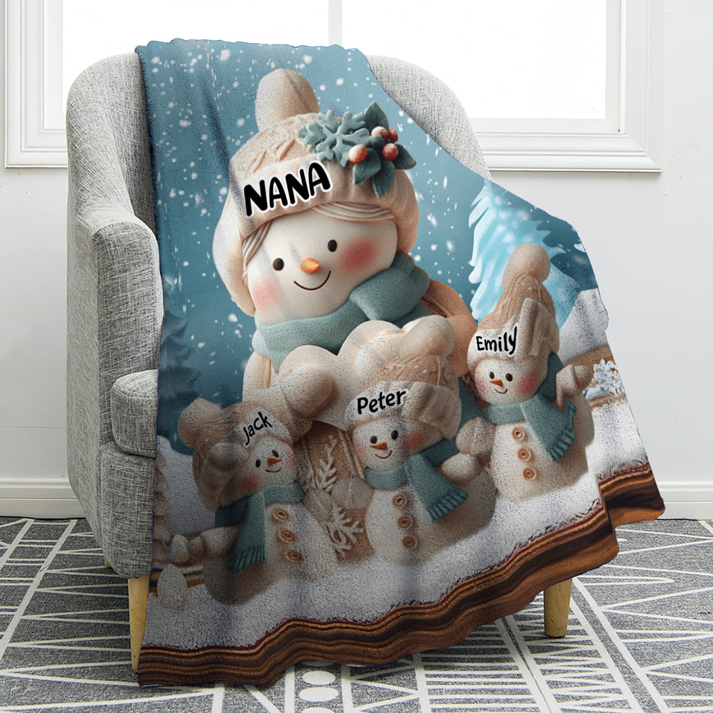 Personalised Snowman Family Blanket with Custom 4 Names – Cozy Christmas Gift for Nan | Jessmade
