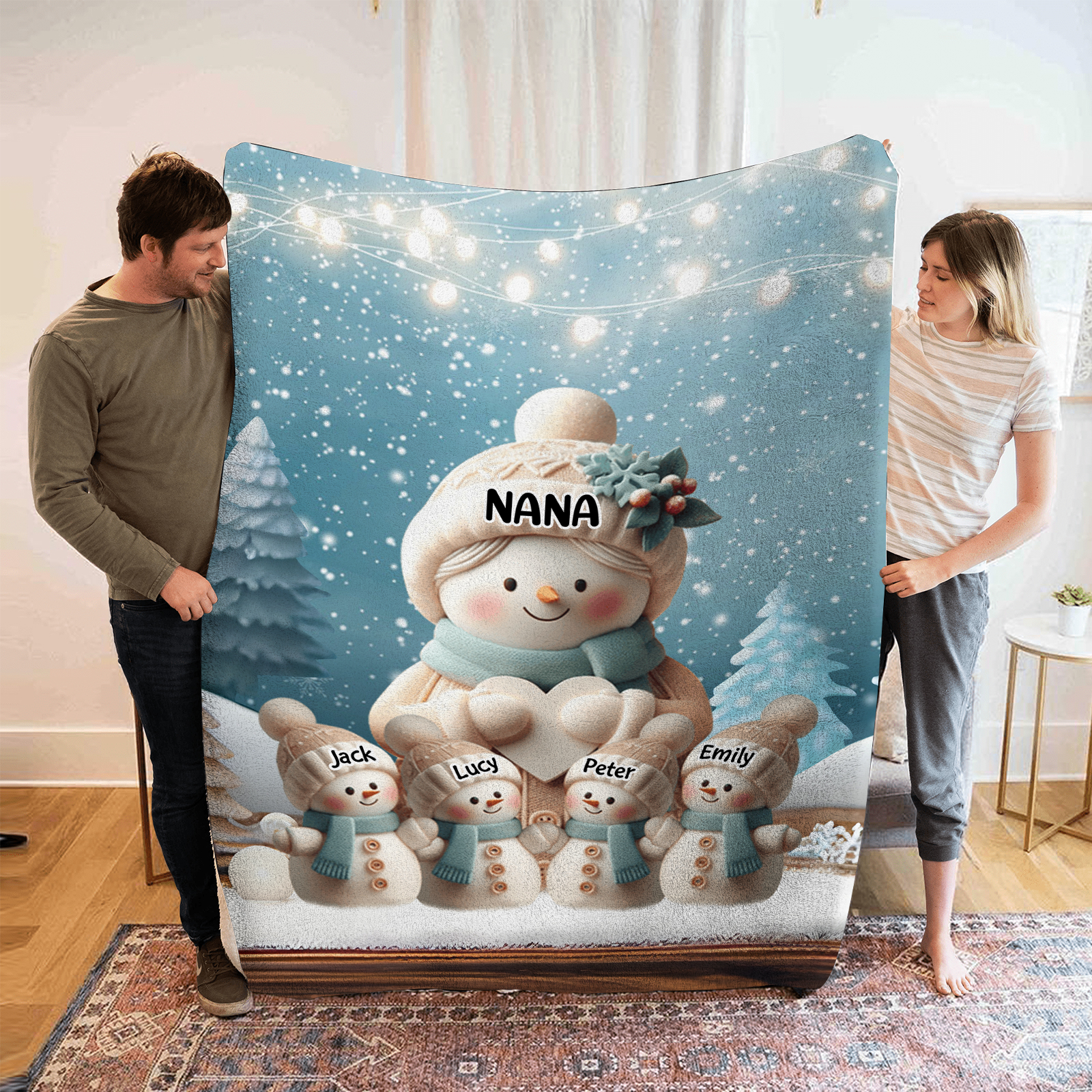 Personalised Snowman Family Blanket with Custom 5 Names – Cozy Christmas Gift for Nan | Jessmade