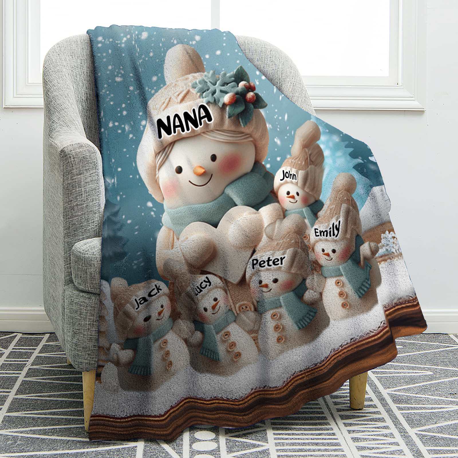 Personalised Snowman Family Blanket with Custom 6 Names – Cozy Christmas Gift for Nan | Jessmade
