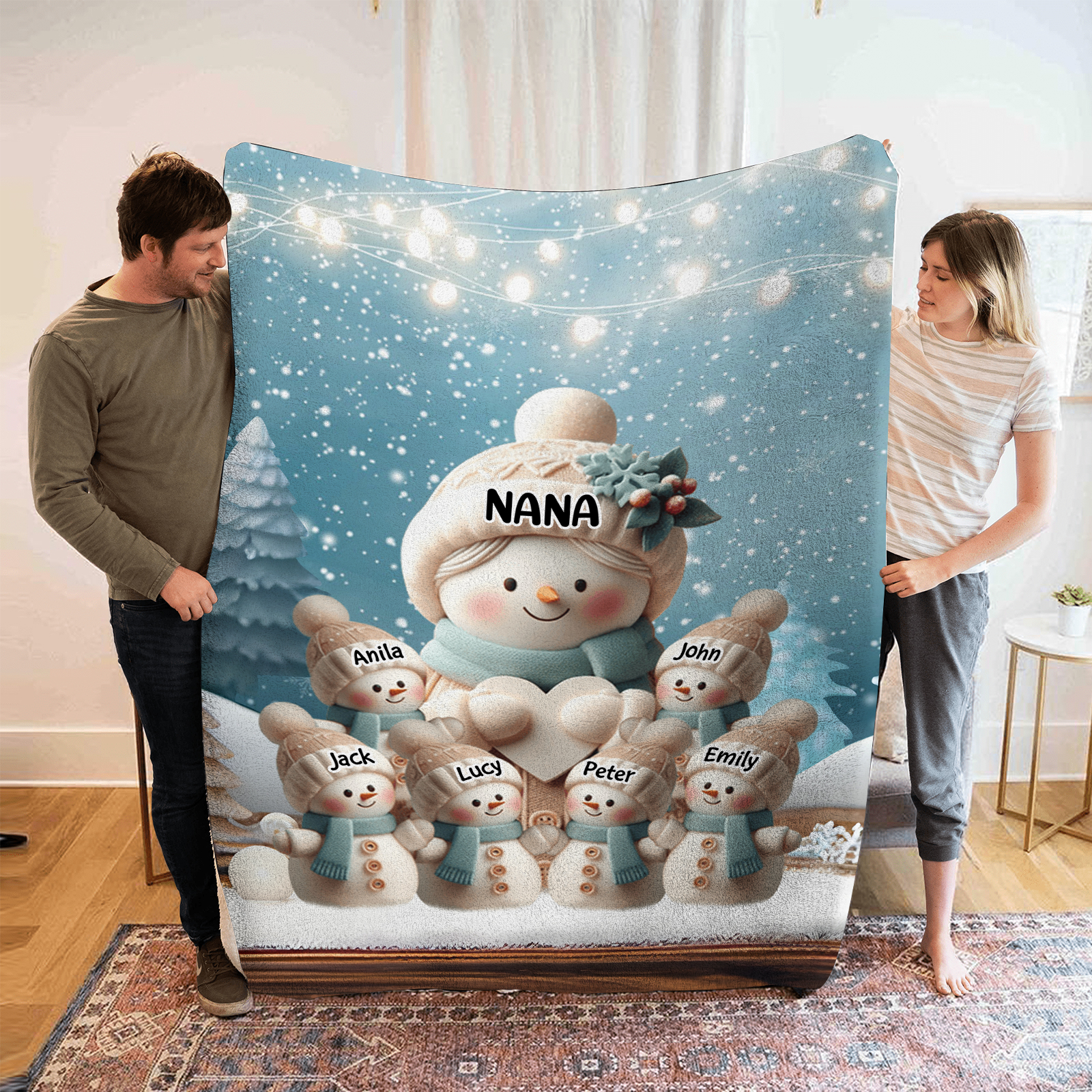 Personalised Snowman Family Blanket with Custom 7 Names – Cozy Christmas Gift for Nan | Jessmade