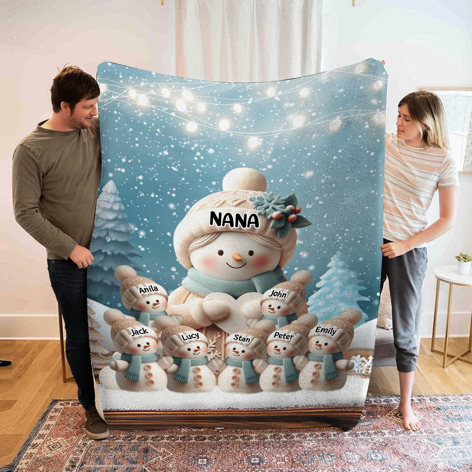 Personalised Snowman Family Blanket with Custom 8 Names – Cozy Christmas Gift for Nan | Jessmade