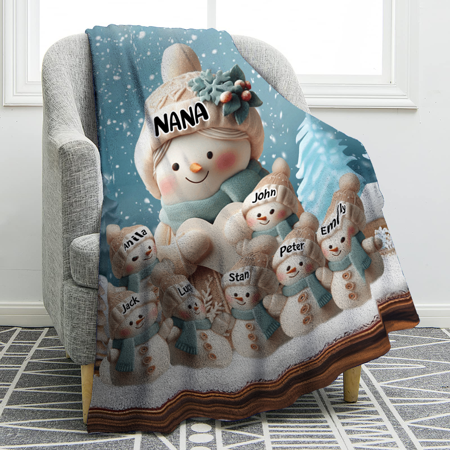 Personalised Snowman Family Blanket with Custom 8 Names – Cozy Christmas Gift for Nan | Jessmade