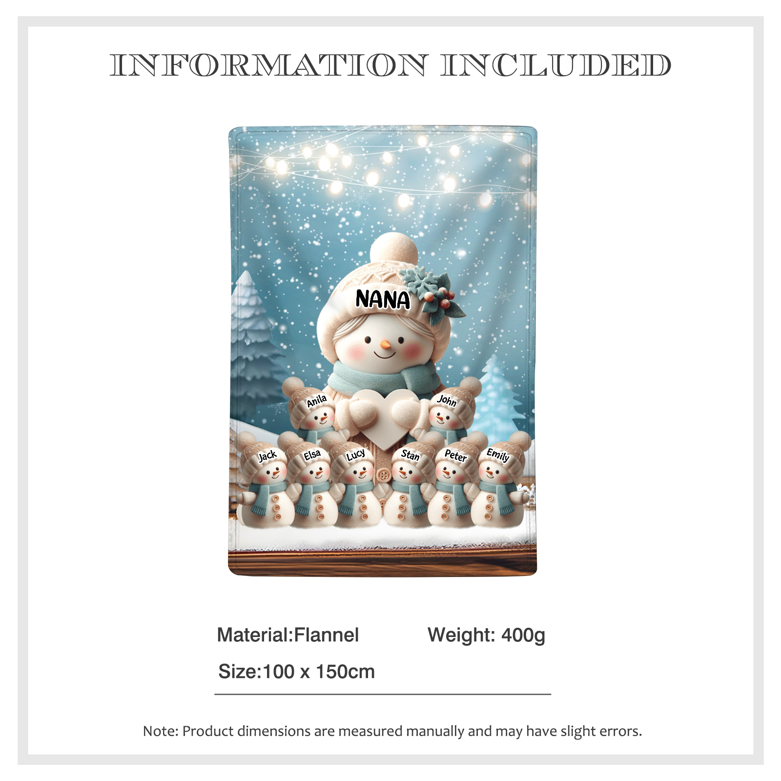 Personalised Snowman Family Blanket with Custom 9 Names – Cozy Christmas Gift for Nan | Jessmade