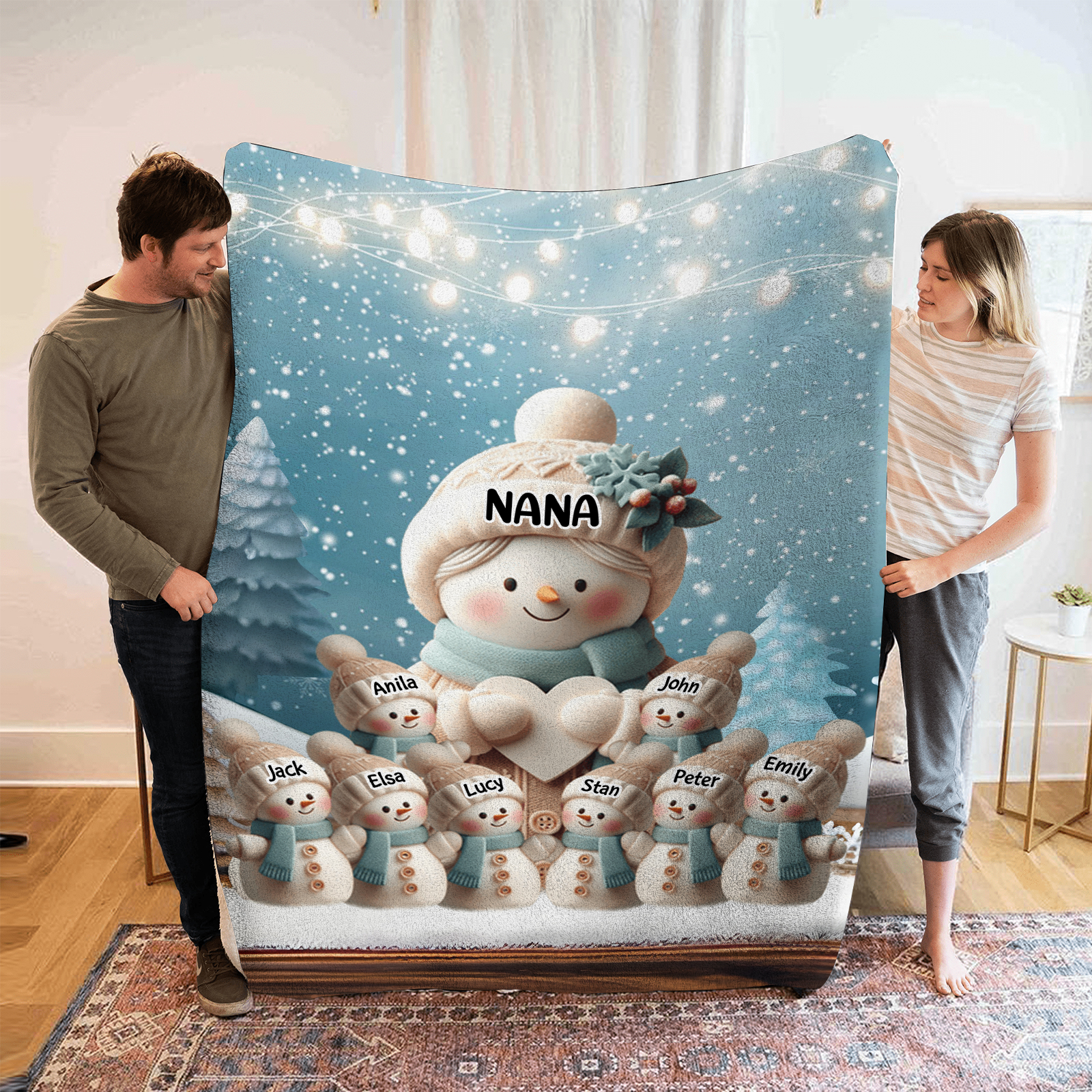 Personalised Snowman Family Blanket with Custom 9 Names – Cozy Christmas Gift for Nan | Jessmade