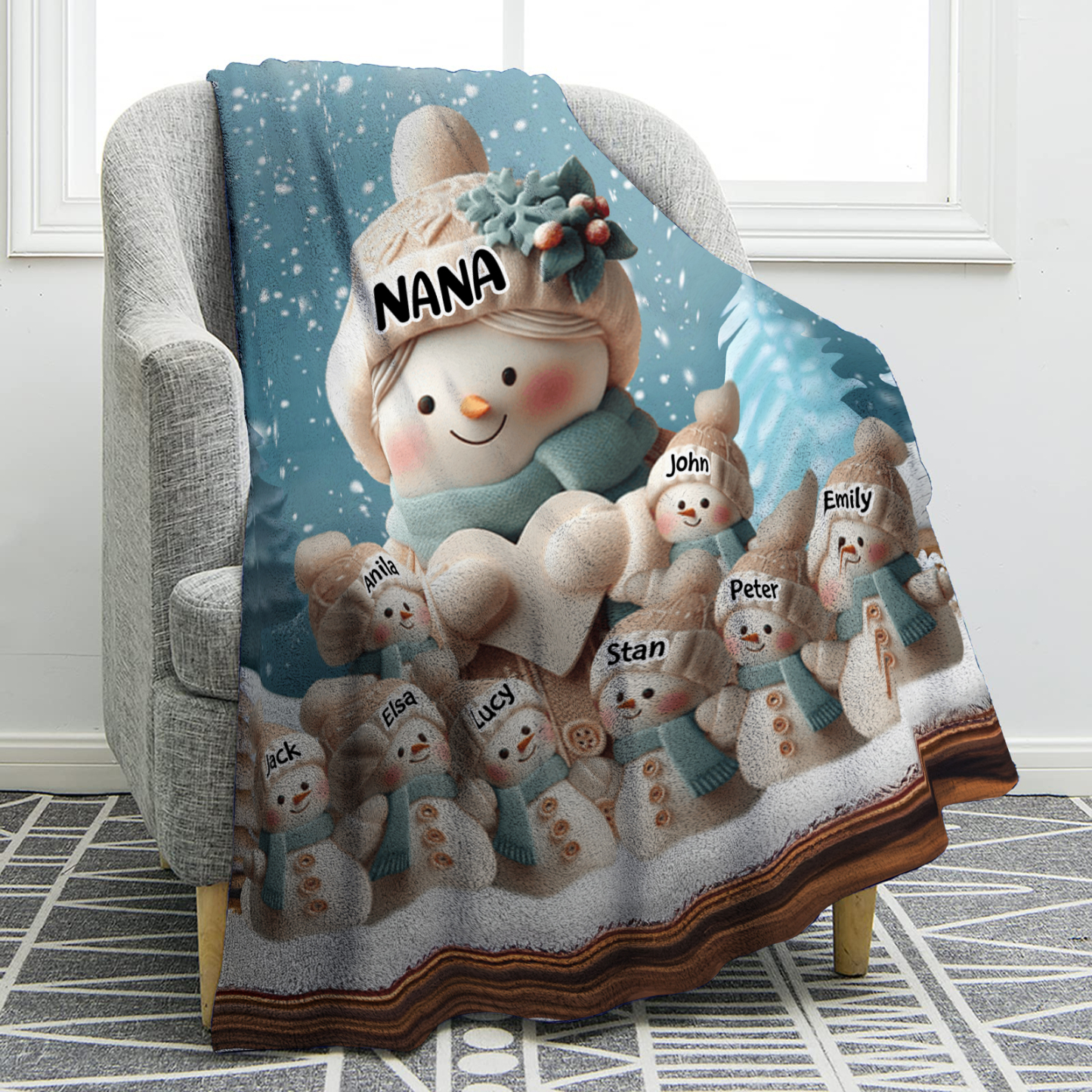 Personalised Snowman Family Blanket with Custom 9 Names – Cozy Christmas Gift for Nan | Jessmade