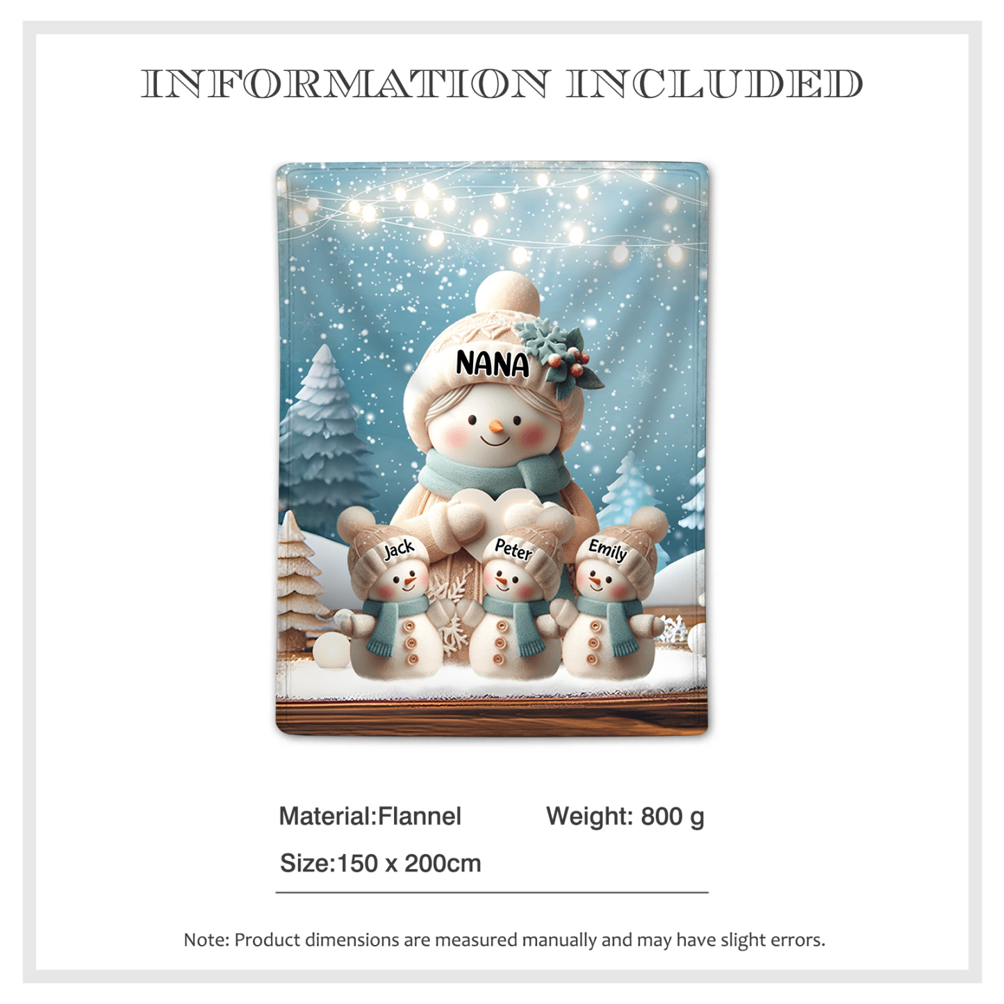 Personalised Snowman Family Blanket with Custom 4 Names – Cozy Christmas Gift for Nan | Jessmade