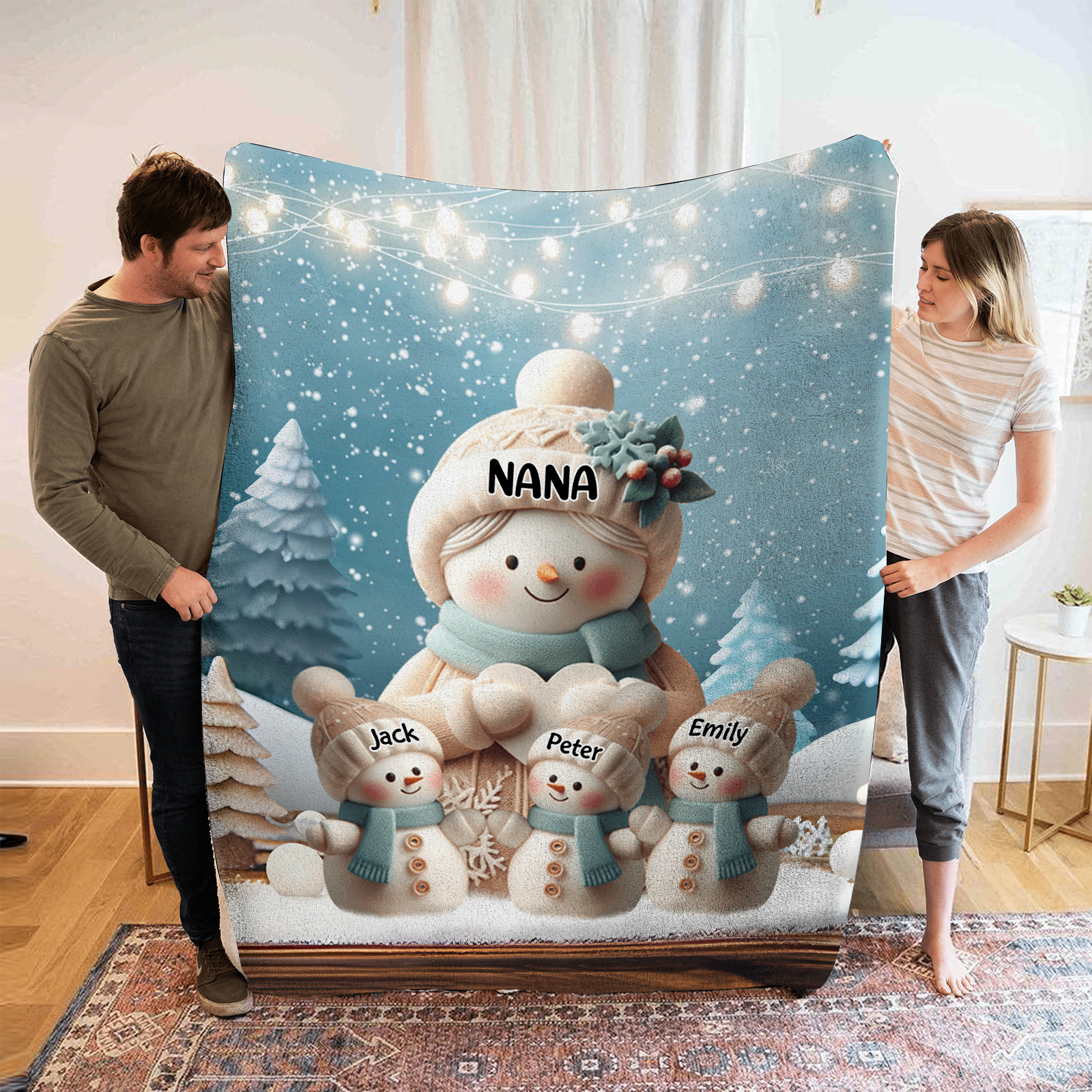 Personalised Snowman Family Blanket with Custom 4 Names – Cozy Christmas Gift for Nan | Jessmade