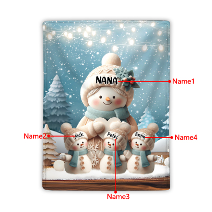 Personalised Snowman Family Blanket with Custom 4 Names – Cozy Christmas Gift for Nan | Jessmade