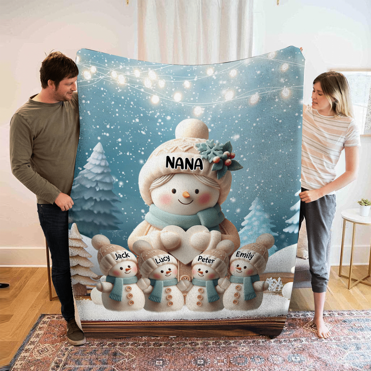 Personalised Snowman Family Blanket with Custom 5 Names – Cozy Christmas Gift for Nan | Jessmade