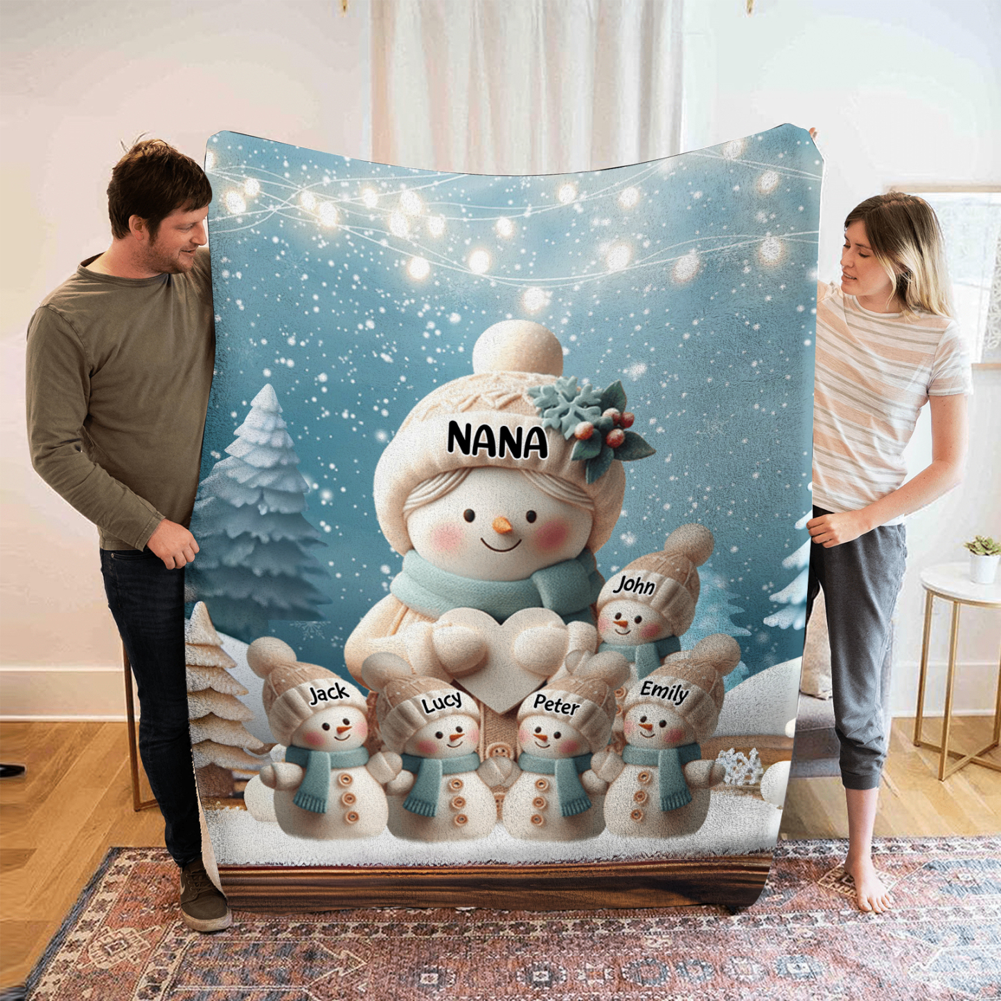 Personalised Snowman Family Blanket with Custom 6 Names – Cozy Christmas Gift for Nan | Jessmade