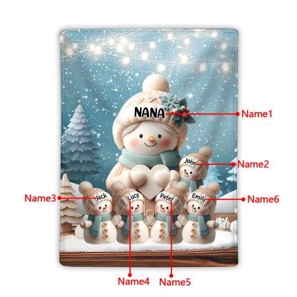 Personalised Snowman Family Blanket with Custom 6 Names – Cozy Christmas Gift for Nan | Jessmade