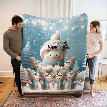 Personalised Snowman Family Blanket with Custom 7 Names – Cozy Christmas Gift for Nan | Jessmade