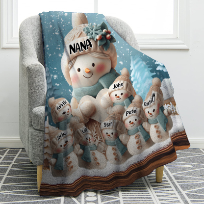 Personalised Snowman Family Blanket with Custom 8 Names – Cozy Christmas Gift for Nan | Jessmade