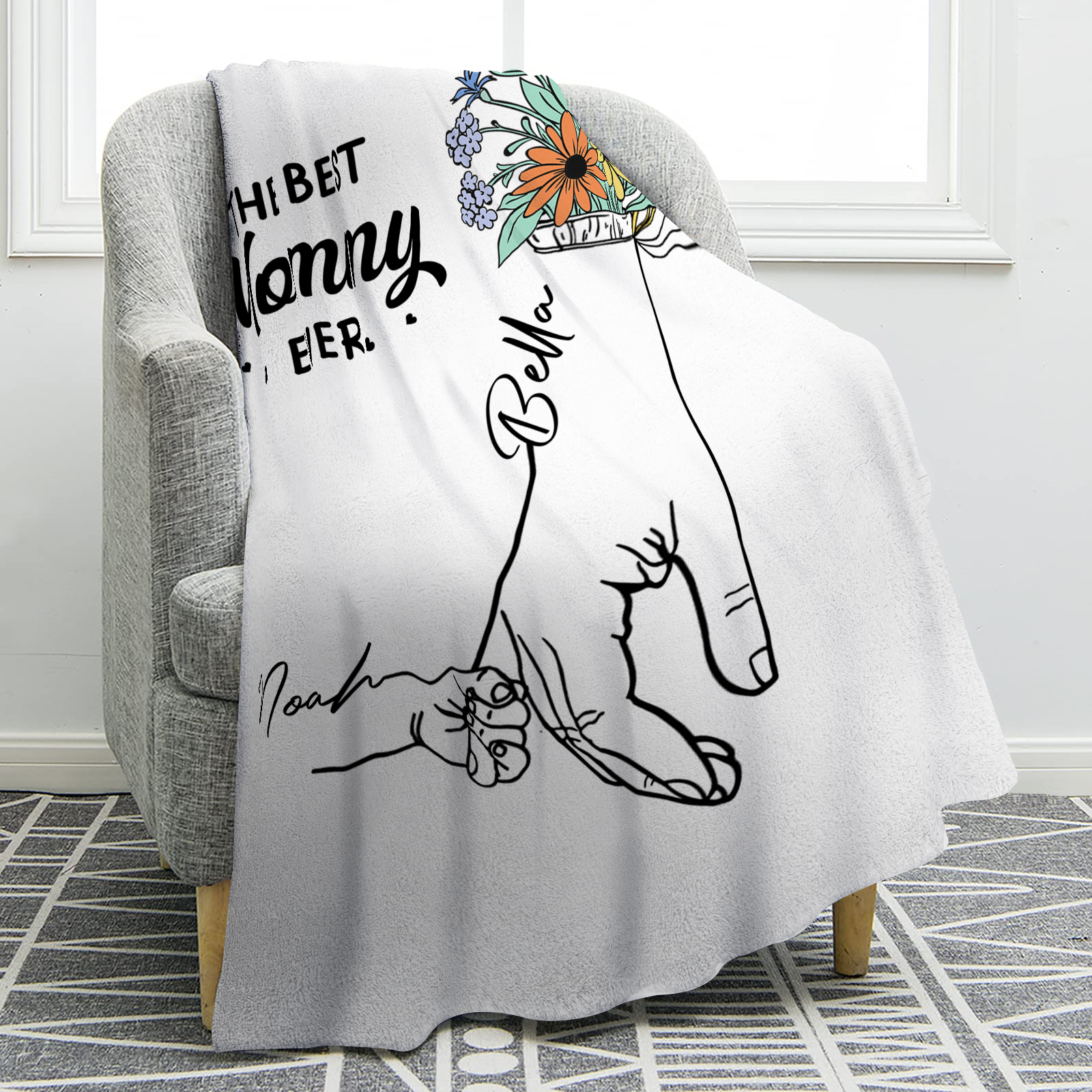 Personalized Holding Hand Family Blanket - Custom 2-8 Names with Floral Accents Flannel Blanket Gift for Mommy | Jessmade