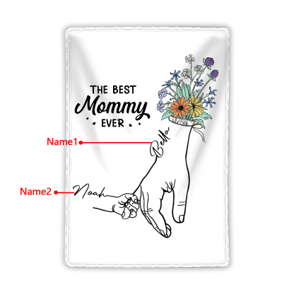 Personalized Holding Hand Family Blanket - Custom 2-8 Names with Floral Accents Flannel Blanket Gift for Mommy | Jessmade