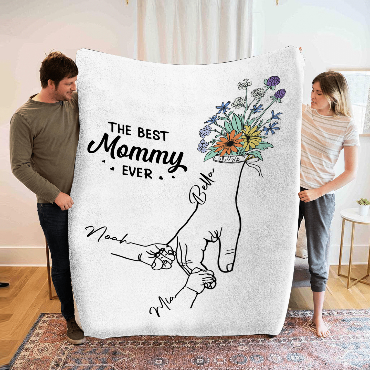 Personalized Holding Hand Family Blanket - Custom 2-8 Names with Flora