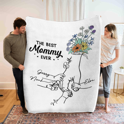 Personalized Holding Hand Family Blanket - Custom 2-8 Names with Floral Accents Flannel Blanket Gift for Mommy | Jessmade