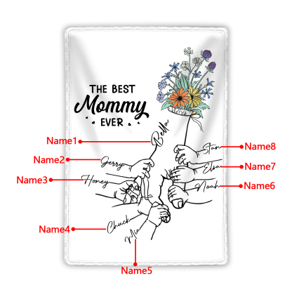 Personalized Holding Hand Family Blanket - Custom 2-8 Names with Floral Accents Flannel Blanket Gift for Mommy | Jessmade